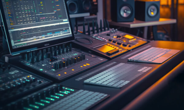 Music Production Modern Studio Control Desk with Powerful Audio Workstation Software. Generative AI