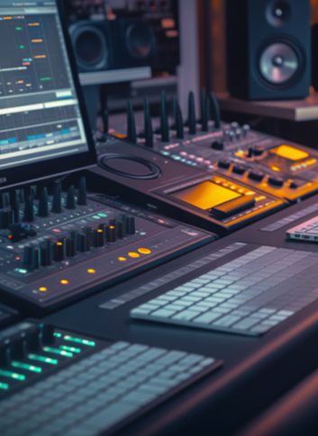 Music Production Modern Studio Control Desk with Powerful Audio Workstation Software. Generative AI