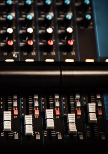 Close-up microphone and sound mixer in studio for sound record control system and audio equipment and music instrument